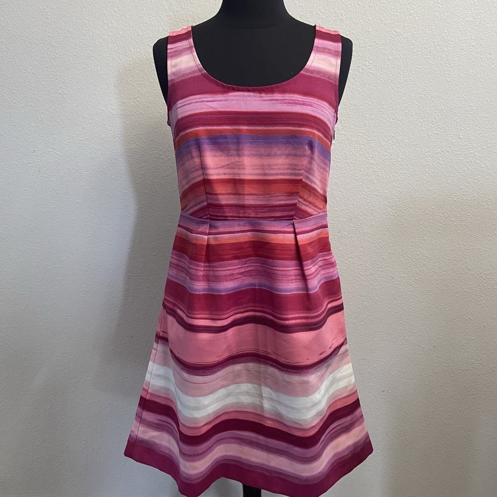Ann Taylor Loft Women A Line Pink Striped Casual Dress Size 0 Pockets Sleeveless